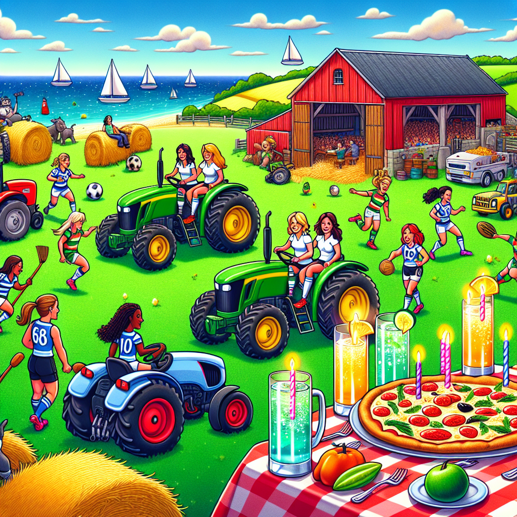 In this vibrant and humorous image, a cartoon-styled farm serves as the backdrop. A group of diverse female rugby players are engaged in a unique match atop tractors, replacing the usual rugby pitch. Cheerfully scattered around are haystacks and farm animals, enhancing the pastoral ambiance. In the distance, the ocean is visible with sailboats dotting the horizon, suggesting a nearby sailing activity. Near a traditional barn, a festive birthday table is set. It features gin and tonic drinks served in quirky, oversized glasses, as well as a large pizza adorned with glowing candles, signifying a birthday celebration.
Generated with these themes: Women’s rugby, Tractors, Farming, Sailing, Gin and tonic, and Pizza.
Made with ❤️ by AI.