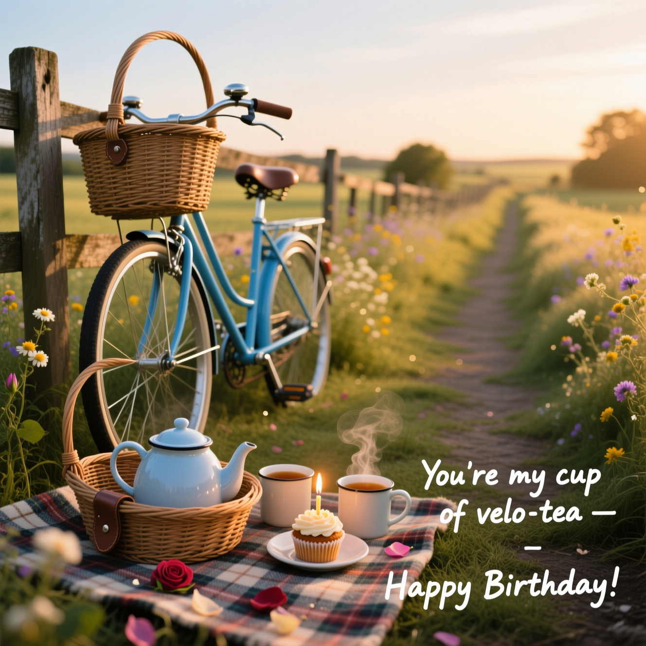 Ultra‑high‑definition 4K UHD photorealistic camera shot, romantic golden‑hour countryside lane lined with wildflowers; a classic sky‑blue tandem bicycle with a wicker basket leans against a weathered wooden fence; on a tartan picnic blanket and in the basket: a polished enamel teapot, two steaming ceramic mugs of tea touching rim‑to‑rim, a small birthday cupcake with a single lit candle glowing; rose petals scattered, soft backlight with gentle lens flare, lifelike textures (wicker weave, leather saddles, chrome highlights, dew‑kissed grass), accurate natural lighting, rich depth of field with creamy bokeh; cozy, intimate mood, no people. Composition leaves clean negative space in the upper third. Shot on a full‑frame DSLR, 50mm prime, f/1.8, ISO 100, 1/320s, warm filmic color grade, subtle vignette. Add a small hand‑lettered caption in warm white at the lower right: “You’re my cup of velo‑tea — Happy Birthday!” with a soft shadow, unobtrusive.
Generated with these themes: Cycling tea , and .
Made with ❤️ by AI.