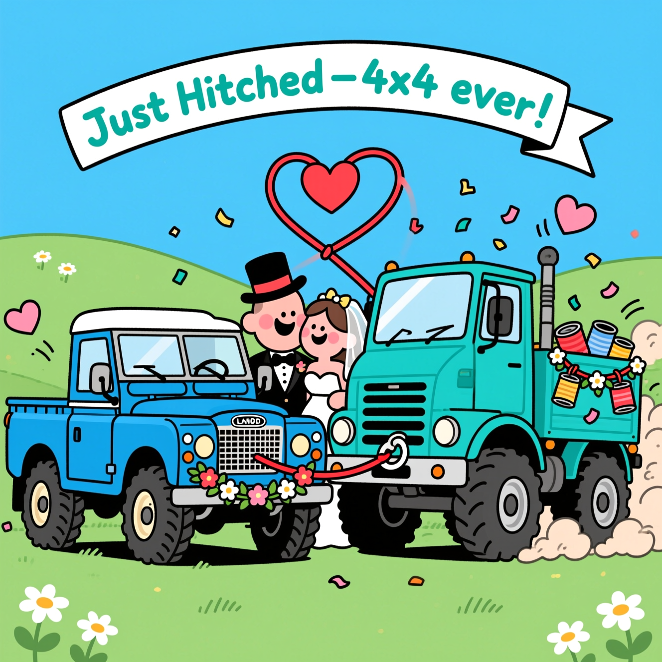 Playful 2D cartoon scene with thick black outlines and bright, saturated colors. Center frame, slightly low angle for exaggeration. A vintage blue Land Rover pickup (boxy cab, short bed, chunky tires, white roof) and a tall turquoise Unimog (cab-over shape, huge wheels, portal-axle stance) are anthropomorphized as a newlywed couple. The two trucks lean toward each other with big smiling grilles, blushing headlight “cheeks,” a tiny veil on the Land Rover’s mirror and a mini top hat on the Unimog’s. Their front tow hooks are tied together by a bright red tow strap knotted into a large heart-shaped bow—“tying the knot.” Flower garlands drape their grilles, tin cans dangle and clatter from the back, confetti and petals swirl around them, and puffy heart-shaped dust clouds and cartoon motion lines add bounce and energy. Background: sunny blue sky, rolling green hill with simple daisies; clean, uncluttered backdrop to keep focus on the duo. Cel-shaded, flat color blocks, crisp vector feel, whimsical proportions.

Add small on-image text: “Just Hitched—4x4-ever!”
- Placement and style: one short hand-lettered line on a little curved ribbon banner floating above the trucks; chunky lettering, white fill with teal outline and soft drop shadow.
- No other text, labels, or logos anywhere.
Generated with these themes: Blue Landrover pickup, Turquoise unimog, and .
Made with ❤️ by AI.
