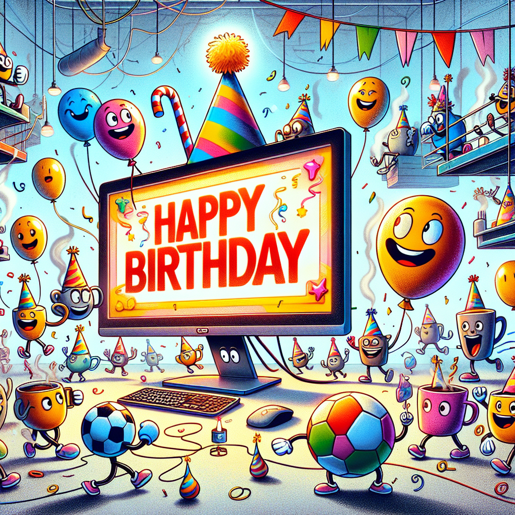 Imagine a festive and cheerful birthday environment illustrated in cartoon style, vivid in its color palette. Central to the scene is a computer, brought to life, wearing a party hat on top of its monitor. The monitor brightly showcases a 'Happy Birthday' message. The computer is set on a table around which cartoon footballs with smiling anthropomorphic faces bounce energetically. Quirky coffee mugs waltz in pairs across the floor, tendrils of steam wafting upwards from the hot brew inside them. Suspended in the air are multiple balloons of diverse shapes and sizes. To keep the celebration peaceful and uninterrupted, a squad of cartoon-like army figures stand at attention around the perimeter.
Generated with these themes: Computer, Football, Coffee, and Army.
Made with ❤️ by AI.