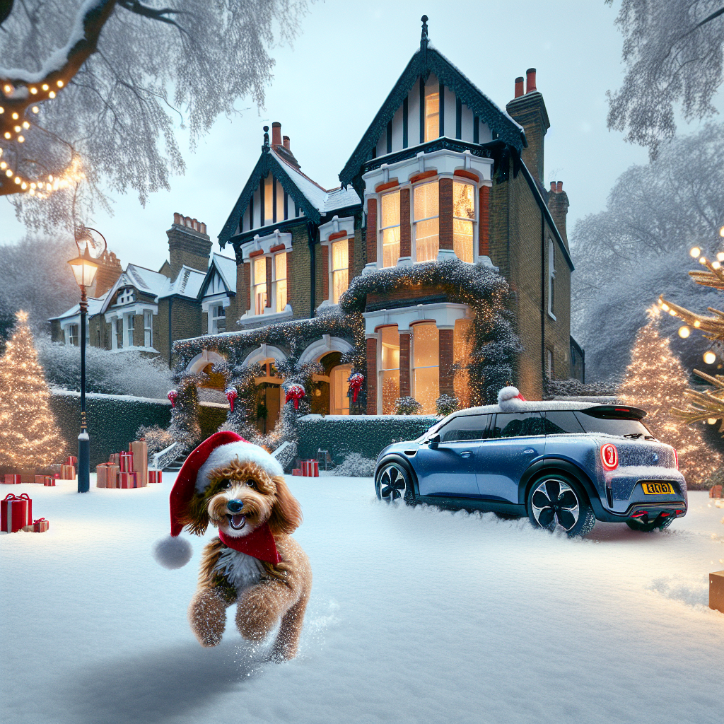 This illustration captures the essence of a London Christmas, centered around a snow-kissed Victorian house with a well-manicured garden. A joyful cockapoo, adorned with a jolly Santa hat, bounds near a spirited blue Tesla Model 3 that’s parked out front. Festive garlands and a tasteful display of lights embrace the house's unique features. 'Merry Christmas from The Fish Family' is written in a warm, inviting font, adding a personal touch to the snowy scene.
Generated with these themes: Cockapoo, Victorian house , London, Tesla model 3 blue, Christmas, and Garden.
Made with ❤️ by AI.