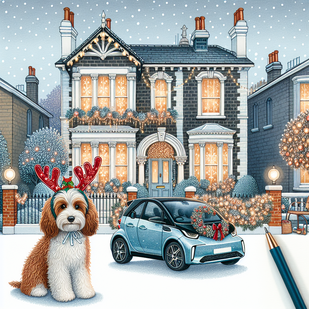The scene features a Victorian house in London, its architecture accentuated by twinkling Christmas lights and a dusting of snow. A charming cockapoo, wearing a reindeer antler headband, sits in the foreground beside a festively decorated garden. A shiny blue Tesla Model 3 is visible in the driveway, sporting a wreath on its grill. The message 'Merry Christmas from The Fish Family' is written in elegant script along the bottom edge of the illustration.
Generated with these themes: Cockapoo, Victorian house , London, Tesla model 3 blue, Christmas, and Garden.
Made with ❤️ by AI.