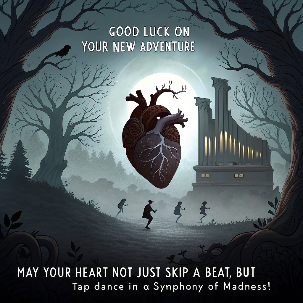 At the top of the image, "Good luck on your new adventure":

At the bottom of the image, "May your heart not just skip a beat, but tap dance in a symphony of madness!"

- Create a surreal scene where a gothic, shadowy heart floats in a dim, misty landscape. Instead of veins, tendrils of organ pipes spiral outward, releasing ghostly melodies into the ether. Tiny shadowy figures dance around it, lost in the music, as eerie light flickers through the hollow chambers of the heart.
Generated with these themes: Spooky , Gothic , Dark, Heart, Organs, , and .
Made with ❤️ by AI.