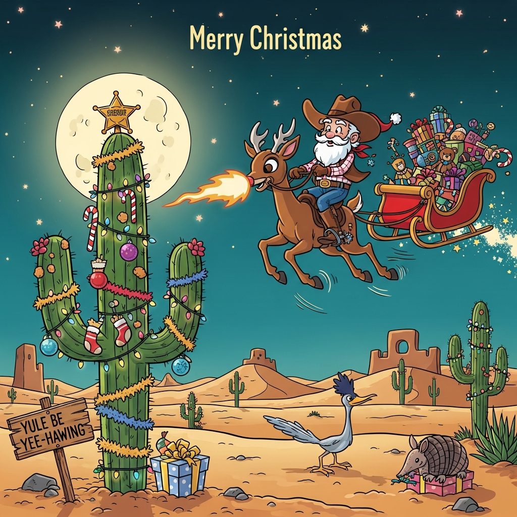 At the top of the Cartoon Style image, Merry christmas 

Playful cartoon style with exaggerated proportions, thick black outlines, and bright saturated colors. Moonlit Southwestern desert scene with rolling sand dunes and cacti. In the foreground, a giant saguaro cactus decorated like a Christmas tree: glowing multicolored string lights, shiny baubles, tinsel garlands, candy canes, tiny stockings, and a big sheriff-star topper beaming. Cowboy Santa, wearing a huge fluffy-trim cowboy hat, red duster, chaps, belt buckle, and jingling spurs, hilariously rides a wide-eyed Rudolph like a bucking bronco across the starry sky—Rudolph’s nose blazing bright, legs splayed in a dynamic, energetic pose with swooshy motion lines. Trailing behind them is a classic red sleigh overflowing with toys (teddy bear, robot, toy train, wrapped gifts), bouncing comically on a sparkling lasso-tethered trail of stardust. Funny desert holiday touches: a tumbleweed wrapped in fairy lights rolling past, a roadrunner in a tiny scarf, and an armadillo peeking from a gift box near the cactus. Saturated teal night sky, pink and lime glows, glossy highlights, bold cel shading, and full-bleed composition.

Add one small extra line of text on a wooden sign stuck in the sand near the cactus: “Yule be yee-hawing!”
Generated with these themes: Cactus that is decorated like a Christmas tree, Christmas themed in the dessert  ,  Cowboy Santa riding Rudolph, A sleigh with toys, and .
Made with ❤️ by AI.