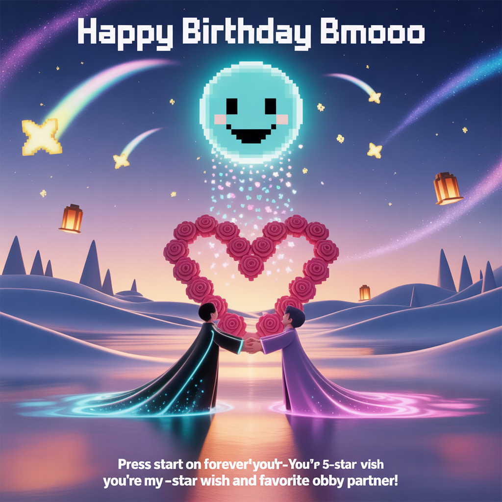 At the top of the Surreal Style image, "HAPPY BIRTHDAY BMOOO"

At the bottom of the image, "Press Start on forever—you're my 5-star wish and favorite obby partner!"

- Dreamlike, surreal landscape under a pastel twilight sky: long shadows, melting pixel dunes, and aurora ribbons drifting through star-sparkled mist.
- Center: two lovers meet—one an anime-style traveler with glowing elemental swirls (Anemo/Electro) and a flowing cape, the other a charming Roblox-style avatar; their joined hands melt into a ribbon of pixel-roses forming a heart-shaped bridge.
- Overhead, BMO floats like a smiling teal moon, projecting 8-bit heartlight that rains tiny star shards; his cheerful glow bathes the scene in tender, ethereal light.
- Genshin cues: wish-star comets arcing across the sky, floating islands shaped like elemental sigils, lanterns drifting upward, and rose petals that morph into elemental sparks.
- Roblox cues: hovering obby cubes and studded bricks forming a looping path that curves into a heart, voxel clouds gently melting at the edges.
- Surreal motifs: controllers and cubes subtly dripping into a lake of stardust; clocks and hearts softly warping; petals and pixels blending midair.
- Color palette: blush rose, aqua-teal, lavender, and warm gold; dreamy bloom, volumetric glow, soft rim lighting on characters.
- Typography styling: the headline rendered in luminous, melting pixel-block letters sprinkled with star glitter; the punchline written along a flowing cloud-ribbon with subtle 8-bit edges, both large and hero-bright to steal the scene.
Generated with these themes: Genshin Impact, Bmo, Roblox, and .
Made with ❤️ by AI.