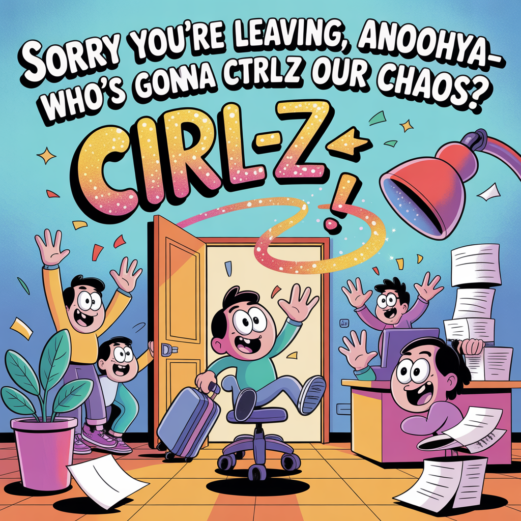 At the top in big, playful bubble lettering, add: "Sorry you're leaving, Anoohya - who's gonna Ctrl+Z our chaos?"

- Create a bright, funny cartoon office scene in portrait orientation.
- Center: a cheerful, big-headed cartoon character zooms toward an open doorway on a rolling office chair, suitcase in one hand, leaving a glittering “undo” swirl trail (curved arrow shapes, no text).
- Around them: coworkers with exaggerated expressions and oversized waving hands, confetti popping, a potted plant dramatically dabbing its leaf-eyes, and papers swirling like streamers.
- Props: giant coffee cup wobbling, a teetering stack of boxes, a desk lamp stretching like a periscope to watch them go.
- Style: thick black outlines, saturated colors (teal, sunshine yellow, bubblegum pink, electric purple), bouncy shading, starry highlights; energetic, whimsical poses.
- Composition: generous sky/gradient backdrop at the top for the headline, clean and readable; action and characters clustered in the lower two-thirds for a lively, celebratory feel.
- Important: include only the single text line above; no other words, labels, or signs.
Generated with these themes: Sorry you are leaving Anoohya , and .
Made with ❤️ by AI.