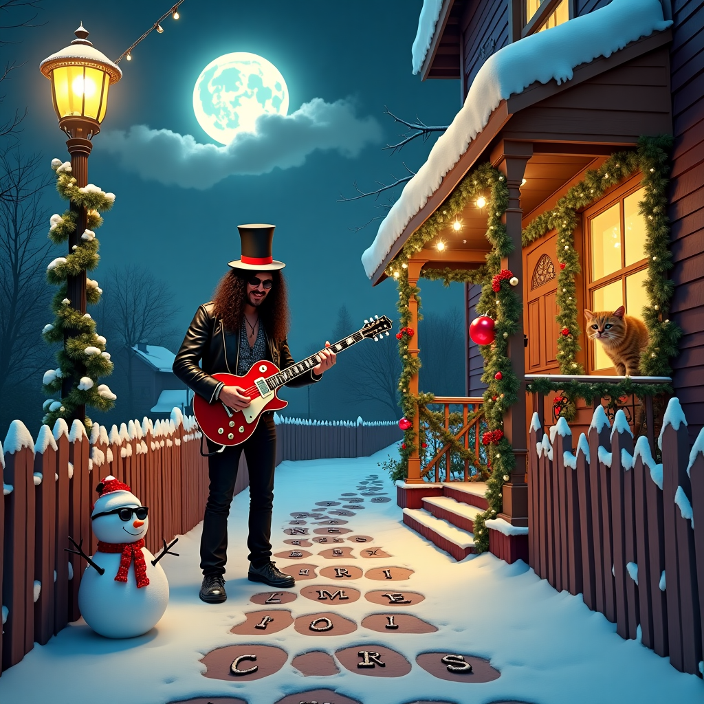 Slash playing a guitar solo petting a cat at Courtney loves house Christmas Card
