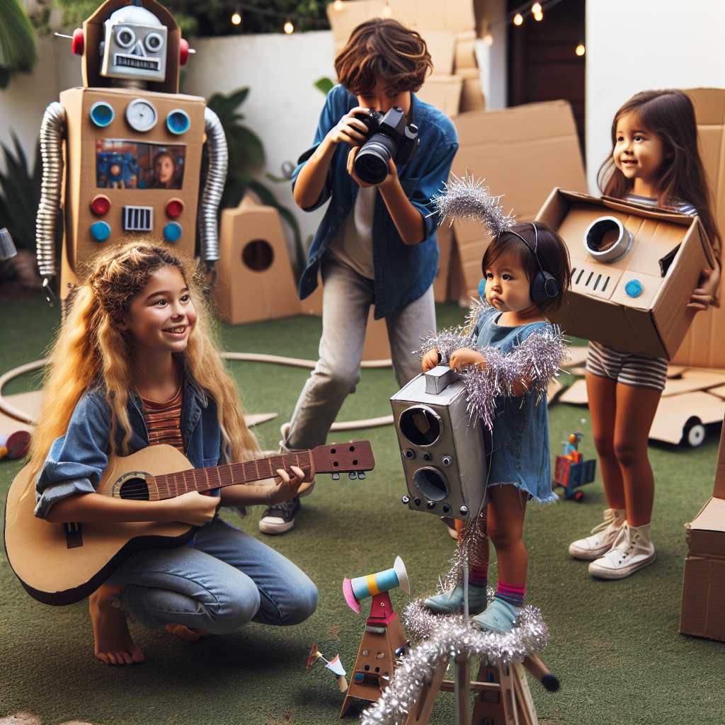 Three daughters- one teenage with long blonde hair, one 6 year old with curly hair, one 3 year old with bunches, Large bearded man with glasses, Science fiction films, and Acoustic guitar Fathers-day Card