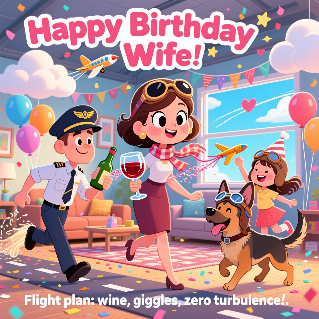 At the top of the Cartoon Style image, "Happy Birthday Wife"

At the bottom of the image, "Flight plan: wine, giggles, zero turbulence."

Create a cute, playful cartoon scene with exaggerated proportions, thick outlines, bright saturated colors, and whimsical, energetic poses. Center the wife as the star: big expressive eyes, aviator sunglasses perched on her head, a breezy scarf, and an oversized sparkling glass of red wine whose swirl forms a heart-shaped contrail. To her left, the husband in a crisp pilot uniform and cap (wing badge shining) leans in proudly, mid-stride, as if taxiing toward her, a bottle tilted so the pour curls like a tiny jet-stream into her glass. Two daughters bounce around her: one wearing a paper pilot hat and launching a toy airplane with a flowing ribbon, the other hugging a cheerful German shepherd in cute pilot goggles, tail wagging and tongue out. Background: a cozy living room transformed into a mini hangar party—cloud-shaped balloons, tiny airplane bunting, a runway-pattern rug, confetti like twinkling stars, and a window with a bright sky and heart contrails. Make the top headline bold and bubbly, the bottom punchline clear and cheeky, both integrated so they don’t cover faces. Keep the mood adorable, celebratory, and full of family-flight vibes.
Generated with these themes: Wine, Pilot wife life, Two daughters , Husband is a pilot , German shepherd , and .
Made with ❤️ by AI.