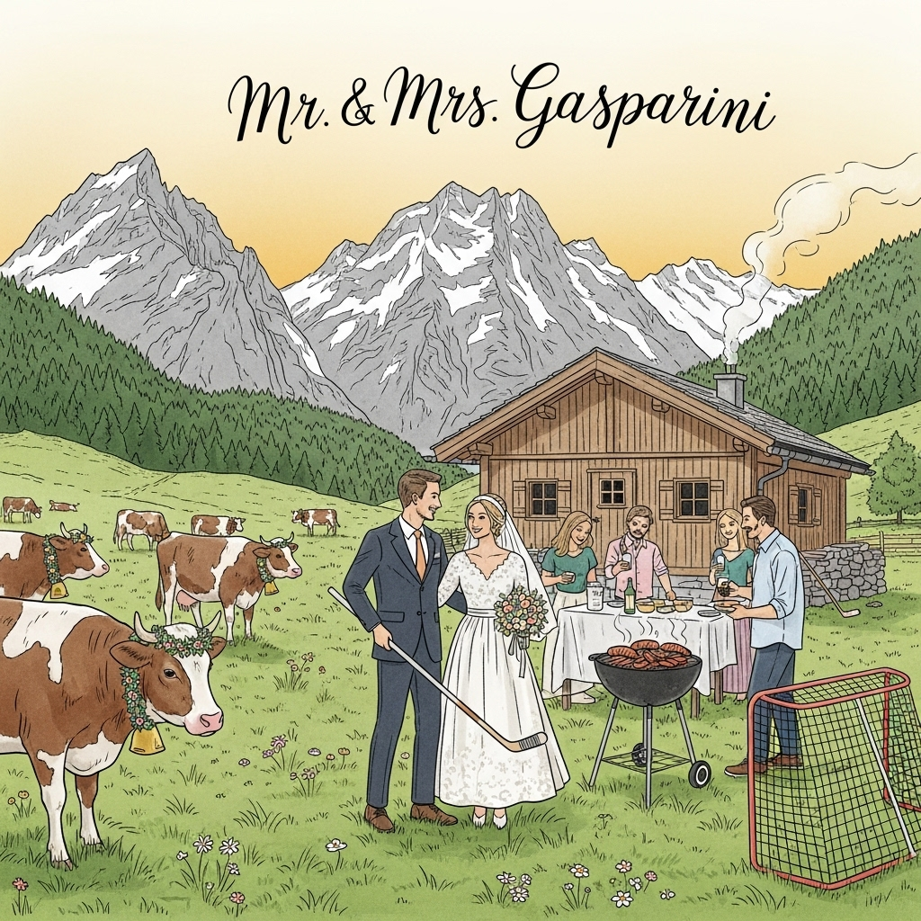 At the top of the Illustration Style image, write **Mr. & Mrs. Gasparini** in elegant, flowing calligraphy that gently curves with the mountain skyline.  

A warm, hand-drawn illustration of a breathtaking Austrian alpine scene: majestic snow-dusted mountains rising in the background under a golden evening light, lush green meadows in the foreground dotted with gentle brown-and-white cows adorned with tiny flower garlands. In the middle ground, a small rustic wooden chalet with smoke curling from a chimney, and outside, a joyful gathering—two figures in wedding attire (the bride in a flowing dress with delicate lace, the groom in a smart suit with a playful hockey stick in hand). Beside them, friends and family laugh together over a hearty BBQ, the grill sizzling with local sausages and vegetables, the scene filled with warmth and love. A hockey net leans casually nearby, hinting at a shared passion, while the cows look on curiously, adding a touch of charm. The composition is rich in fine linework and textured brush strokes, with a soft, romantic color palette of warm greens, earthy browns, and pastel pinks and golds, evoking sincerity, joy, and togetherness.  
Generated with these themes: Mountains, Austria, cows, hockey, BBQ, and .
Made with ❤️ by AI.
