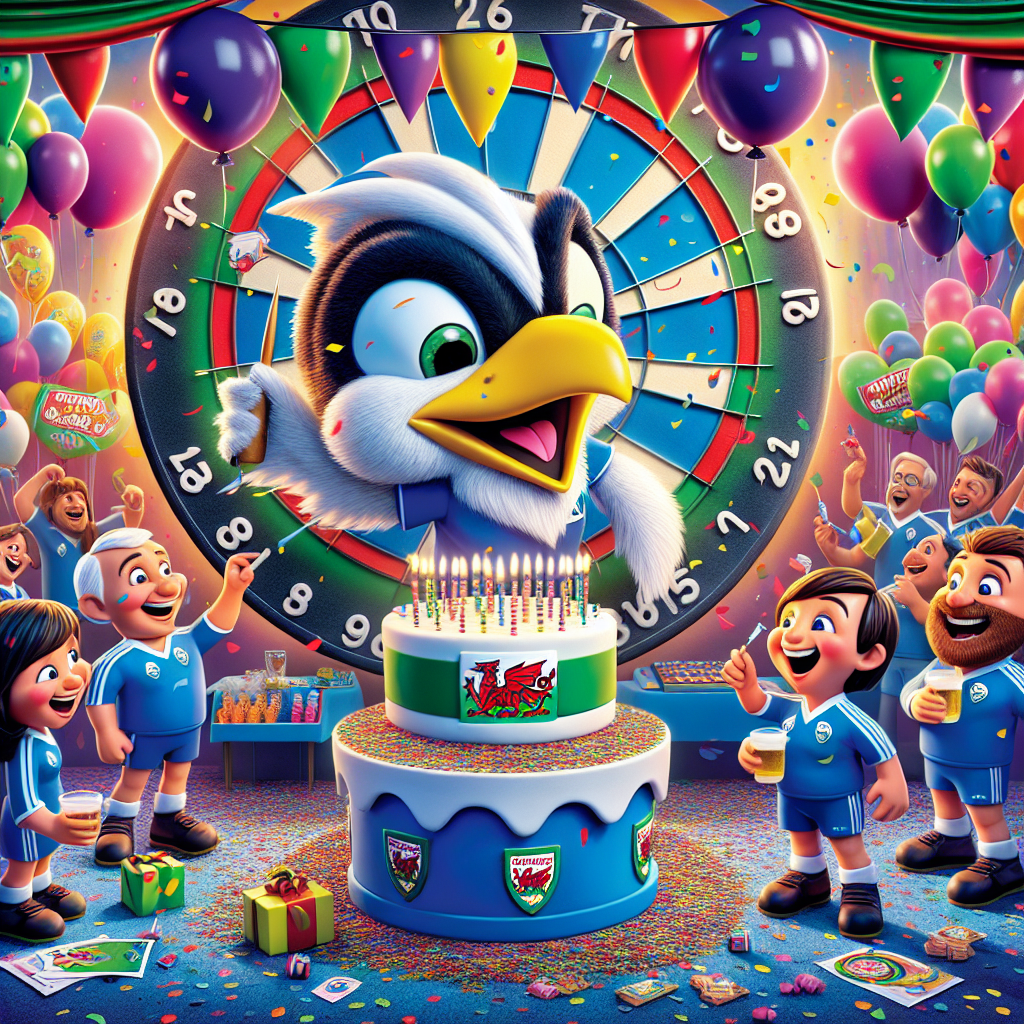 Visualize an animated scene full of cheerful festivity set against an exuberant backdrop. In this cartoonish depiction, a birthday party is in full swing, with vibrant balloons and a flurry of confetti filling the space. Dominating the center, a jubilant bird mascot – strongly resembling the symbolic pet of a well-known Welsh football team – is blowing out candles on a carefully crafted cake shaped like a football. Surrounding the mascot, friendly characters dressed in blue jerseys share their laughs and joy. Adding to the fun, a mini dartboard displaying the iconic Welsh flag hangs in one corner, inviting party-goers to engage in a playful game of darts. The darts are humorously designed to resemble illustrated, unknown Welsh citizens - a nice touch to the thematic party.
Generated with these themes: Cardiff City FC, Wales, and Darts.
Made with ❤️ by AI.