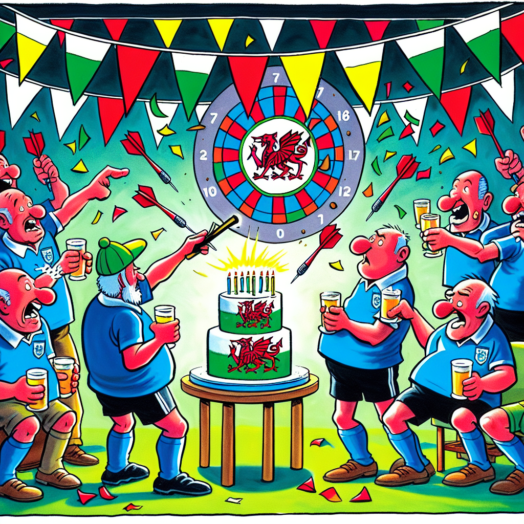 The cartoon scene depicts an ebullient birthday party. The colors of the Welsh flag playfully emerge in the form of bunting strewn overhead. Silhouetted figures of football players, hued to evoke the recognisable blues of Cardiff City FC, are portrayed humorously cutting a cake shaped as the club's emblematic bird. Adjacent, a facetious game of darts is portrayed where the board and the disproportionately large darts bear comical motifs of eminent Welsh symbols and landmarks. Party participants, in the middle of making jovial attempts to hit the bullseye, yield an ensemble of animated applause and laughter.
Generated with these themes: Cardiff City FC, Wales, and Darts.
Made with ❤️ by AI.