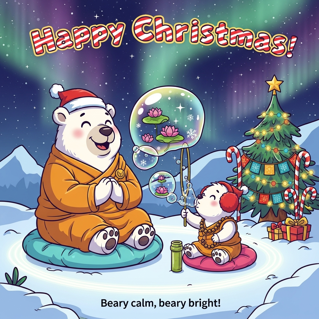 At the top of the Cartoon Style image, Happy Christmas 
A bright, cute, playful cartoon scene with thick outlines and saturated colors: In a snowy Arctic clearing under dancing aurora lights, a chubby polar bear parent in a cozy saffron monk robe and a tiny cub sit on a fluffy snow-lotus cushion. The parent smiles serenely with paws together, while the cub leans forward with an oversized bamboo bubble wand, blowing iridescent soap bubbles that swirl into a glowing Zen enso circle around them. Inside a few bubbles, tiny lotus blossoms and sparkling snowflakes twinkle; the bubbles shimmer with rainbow highlights reflecting the green-purple aurora. A small pine tree nearby is strung with warm fairy lights and festive Tibetan-style prayer flags in holiday reds, golds, and teal; the big bear wears a jaunty red Santa hat, the cub has red earmuffs and a little beaded mala. Candy-cane posts hold the flags, and a couple of gift boxes nestle in the snow. Exaggerated proportions, round faces, tiny paws, rosy cheeks; whimsical, energetic poses; plush textures, soft glow, sparkling snow, starry sky—overall super-cute mood.
Render the top text in bouncy candy-cane striped lettering with a thick white outline and a soft gold glow.
At the bottom of the Cartoon Style image, small playful caption: "Beary calm, beary bright!"
Generated with these themes: Polar bear with baby bubbles buddhism , and .
Made with ❤️ by AI.