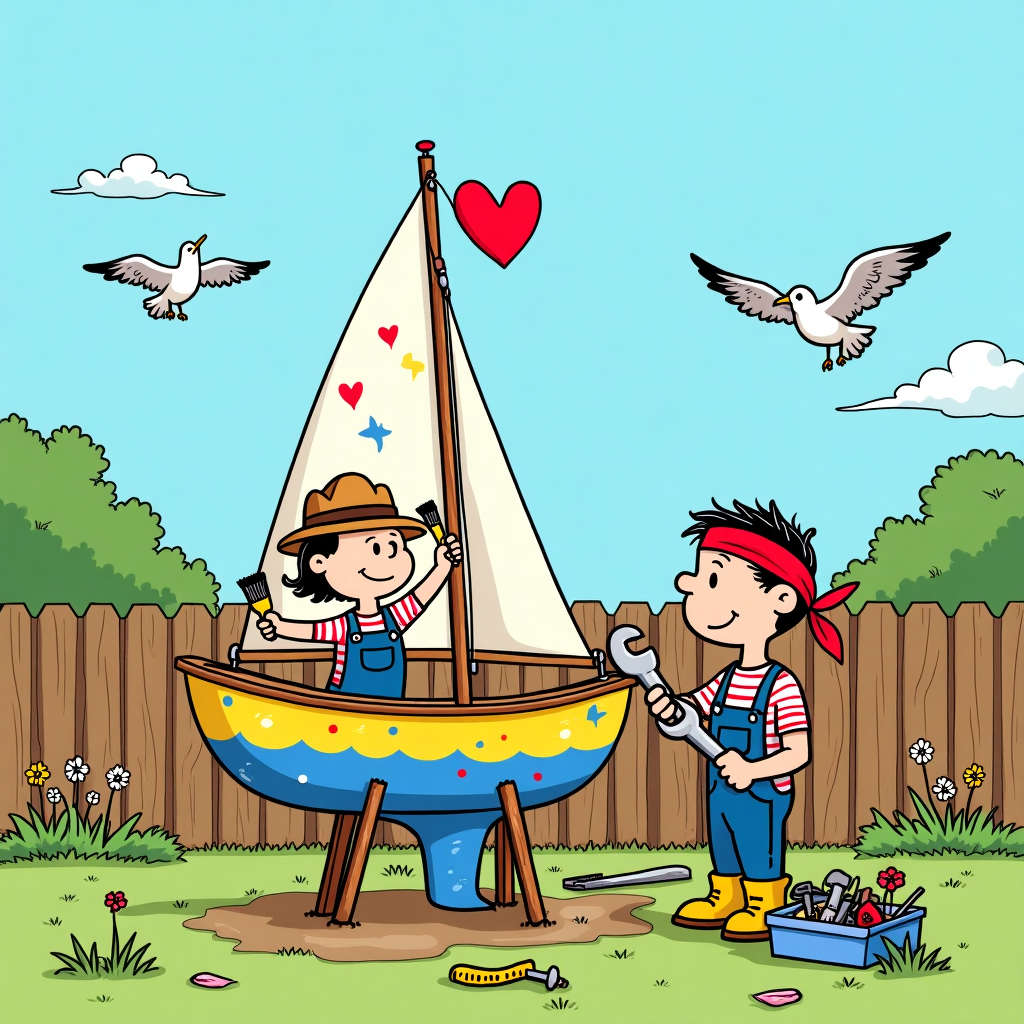 Boat repairs, and Couple cleaning and fixing their boat in the yard Valentines-day Card