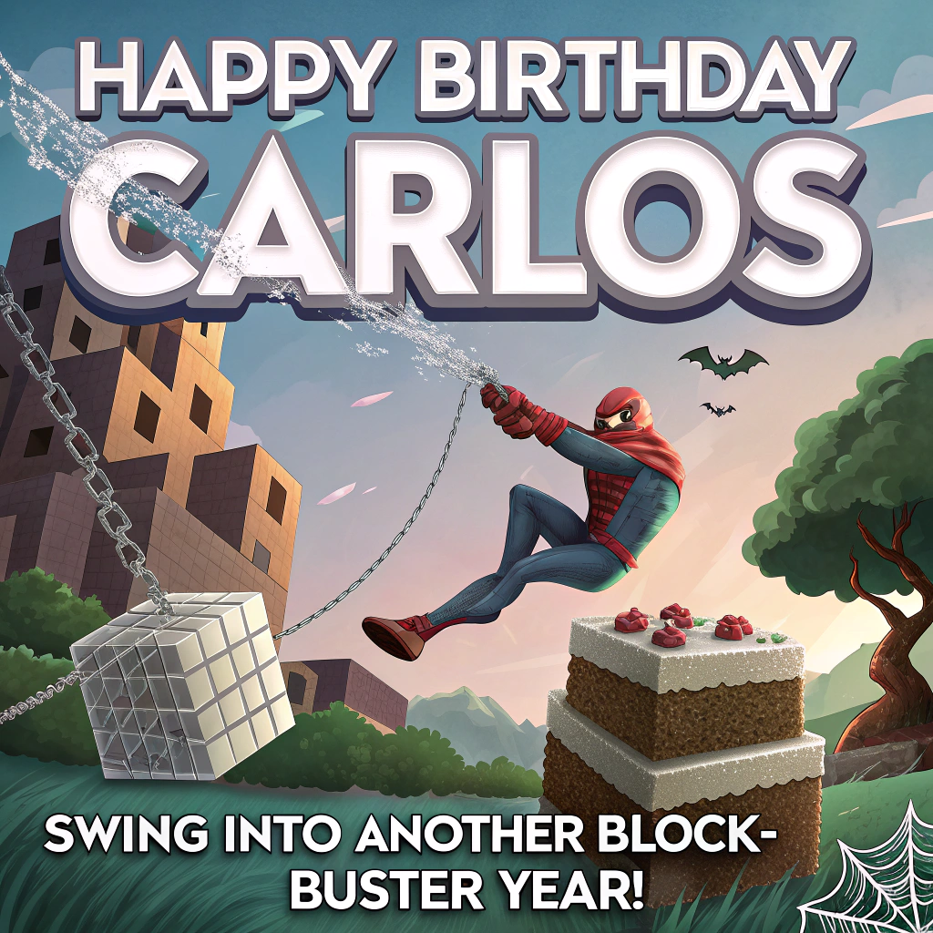 At the top of the Surreal Style image, "Happy Birthday Carlos"

At the bottom of the image, "Swing into another block-buster year!"

Center a Dali-inspired dreamscape where Spider-Man swings on a glistening silver web that morphs into a chain of floating Minecraft blocks. A giant cubic birthday cake hovers in midair, crafted from diamond ore, sponge, and grass blocks, its icing melting into pixelated puddles that flow uphill. The web spirals into impossible loops around the cake, doubling as silky frosting strands. A tall, spindly-legged Creeper in a party hat tiptoes across elongated stilts, clutching cube-shaped balloons, decidedly non-explosive and comically cautious. The landscape is a desert of liquefying voxels, with long-shadowed block towers bending like taffy, and a golden cube-sun dripping honeyed pixels onto the scene. Confetti made of tiny voxels drifts through ethereal, misty light; colors glow in rich crimson, emerald, cobalt, and molten gold. Emphasize dreamlike scale, melting forms, and ethereal lighting, with playful, cheeky energy and a cinematic, slightly low angle. Typography: the top headline woven subtly into the web strands with a metallic shimmer and pixel accents; the bottom punch-line in chunky voxel letters casting soft, surreal shadows.
Generated with these themes: Spider-Man , Minecraft , and .
Made with ❤️ by AI.