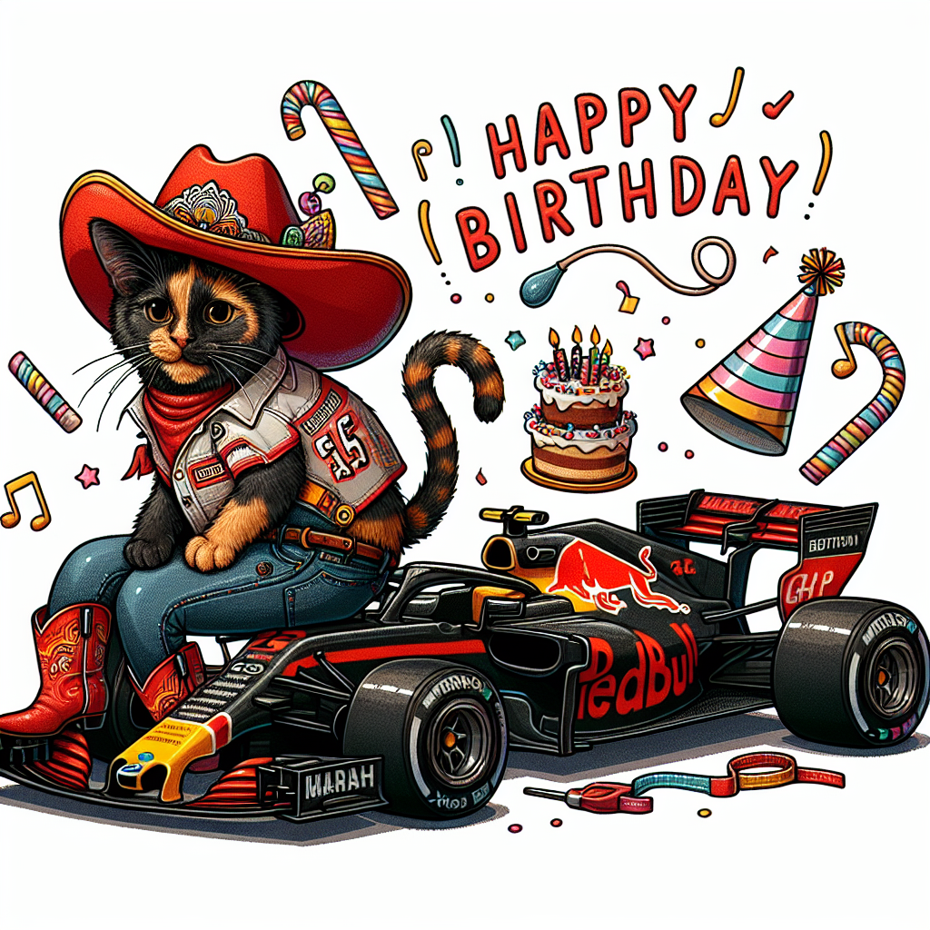 Illustration of a birthday-themed scene featuring a tortoiseshell cat dressed in a miniature cowboy outfit, complete with a hat and boots. The cat is casually lounging on the hood of a Formula 1 race car that's decorated in a celebratory racing livery, featuring birthday wishes. The details include party hats, a cake, and musical notes, conveying a sense of a fast-paced, festive, and music-filled celebration.
Generated with these themes: Tortoiseshell cat, Luke Combs, and Formula 1.
Made with ❤️ by AI.