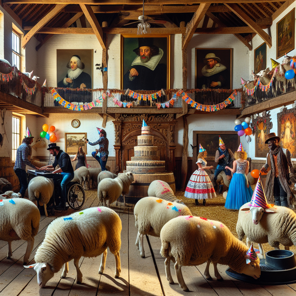 In this charming and unique birthday setting, we see a party at a sheep farm. Playfully adorned in festive clothing, the sheep graze and interact with a diverse group of farmers. In an old, ornately decorated barn, serves as the hub of activity where guests observe a collection of various non-contemporary artworks. The scene vibrates with the pulse of dance music, leading to a lively dance-off between the animals and the farmers of different genders and descents. The background is made vibrant with birthday decorations, banners, and streamers.
Generated with these themes: Sheep farming, Done gallery gaa, and Dance music .
Made with ❤️ by AI.