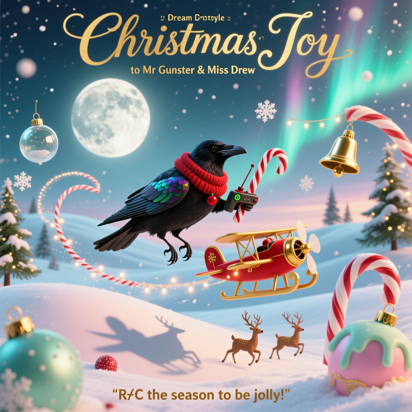 Elegant raven is flying a rc plane, and Christmas Card