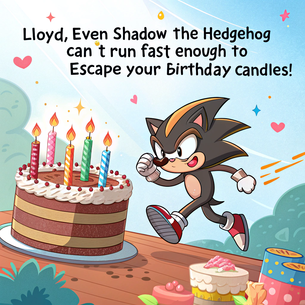 At the top of the image, "Lloyd, even Shadow the Hedgehog can’t run fast enough to escape your birthday candles!"

– In the center of the image, illustrate a cartoon-style Shadow the Hedgehog wearing a party hat and sunglasses, dramatically sprinting away from a gigantic birthday cake that’s overflowing with lit candles like rocket boosters. Behind him, flames trail off the cake like it's about to launch into orbit.

– Add a hovering birthday drone chasing Shadow with a slice of cake dangling from it, trying to feed him mid-run.

– Background: Confetti and streamers caught in Shadow’s wind trail, while surprised woodland animals hold signs like "Run, Shadow, Run!" and "Happy Birthday, Lloyd!"
Generated with these themes: Shadow Hedgehog .
Made with ❤️ by AI.