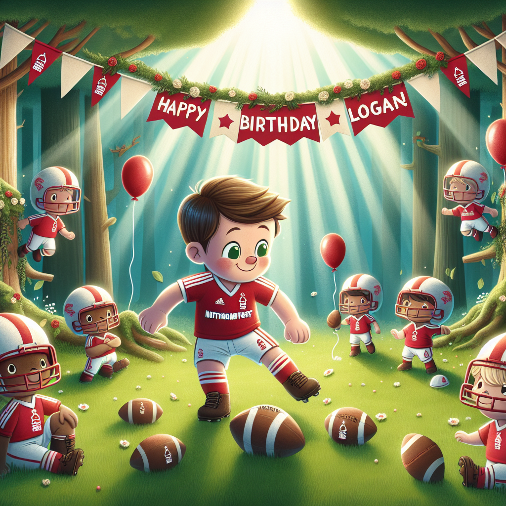The image illustrates a radiant, picturesque clearing that gets sunlight, designed following the essence of Nottingham Forest as an ideal birthday location. A boy named Logan stands out in the scene, his face glowing with happiness as he skillfully bounces a football on his knee, donning the classic attire inspired by the Nottingham Forest team. Surrounding him are adorable woodland creatures, each carrying small footballs and dressed in scaled-down replicas of the Nottingham Forest uniform. Above, strands of banners and balloons in the team colors weave across the trees, accompanied by a 'Happy Birthday Logan!' sign hanging gently from the tree branches.
Generated with these themes: Nottingham Forest, Logan, and Football.
Made with ❤️ by AI.