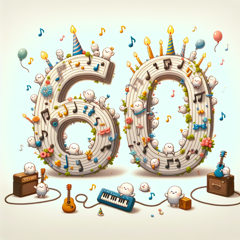 Illustrate a joyous birthday-themed image which revolves around the celebration of turning 60. The number '60' is uniquely designed, crafted entirely from musical instruments and notes. Surrounding the number, there are small, adorable creatures of unspecified species, each clutching a tiny musical instrument, happily playing a birthday tune. The overall tone of the image is light-hearted and joyful, set apart by a light color palette that sets a cheerful, inviting and heartwarming scene.
Generated with these themes: Music, and 60.
Made with ❤️ by AI.