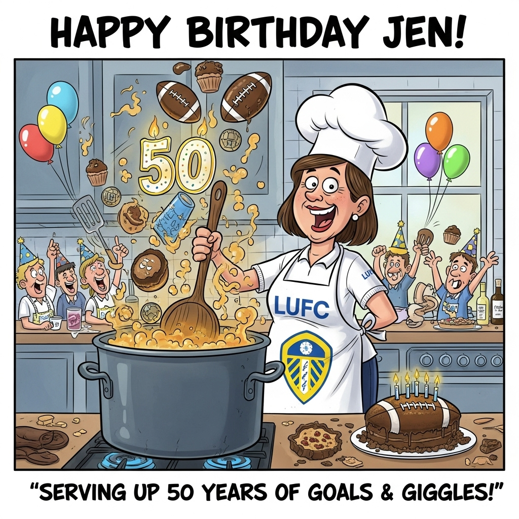 Jen, Happy 50th, Cooking, LUFC, and Birthday Card