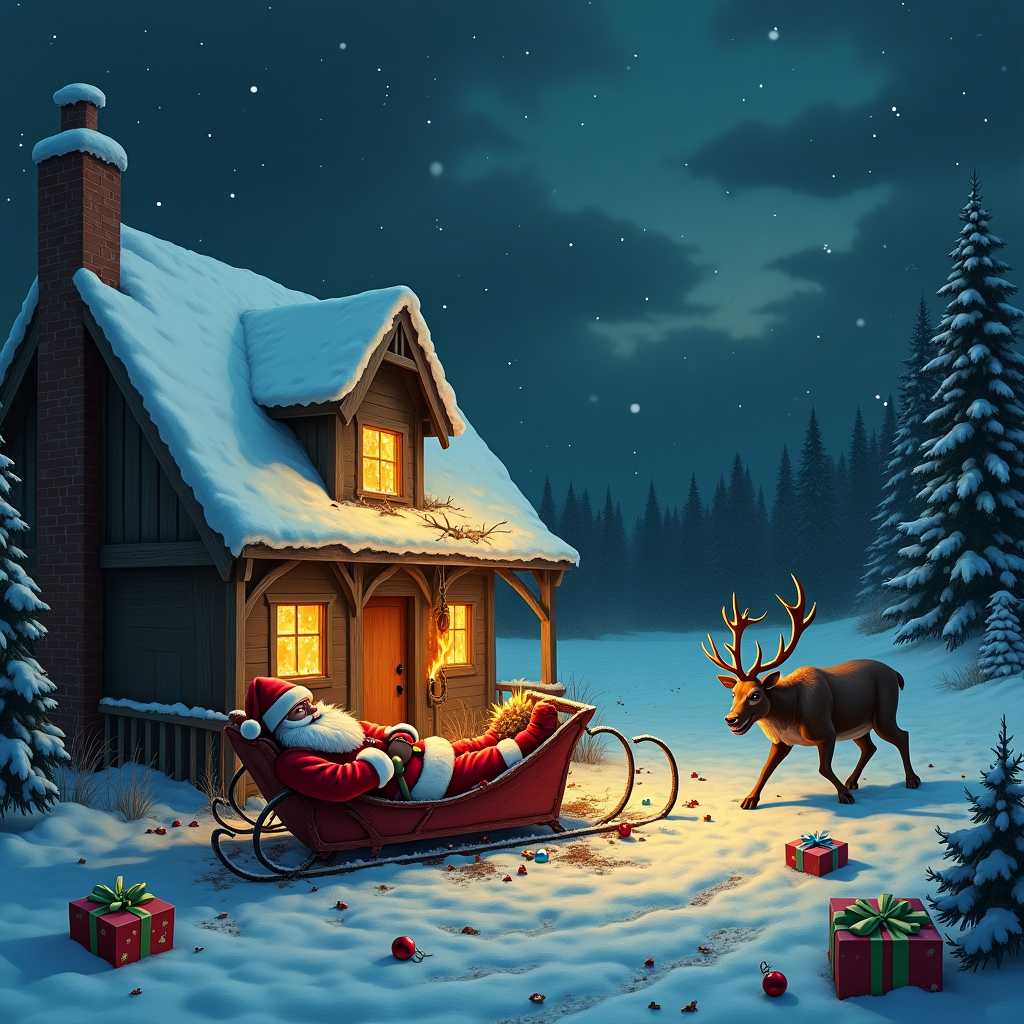 The scene unfolds under a darkened, starry sky where the once peaceful Christmas Eve has been disrupted by chaos. The focal point is a quaint, snow-draped cottage, its roof partially caved in from the sleigh's impact. Shattered wood and tiles scatter the ground, and the house's chimney now stands askew, smoke blending with the dark clouds. In the foreground, the sleigh lies mangled, half-embedded into the house, its crimson paint now scorched and peeling from the fire consuming its frame. Flames lick the air, casting an eerie glow and creating dancing shadows. Strewn across the snow are remnants of vibrant gift wrapping paper, torn and singed, with toys and baubles scattered haphazardly, melting into the surrounding slush. In the midst of this mayhem lies Santa, motionless, his iconic red suit dusted with soot and his hat discarded beside him. His jolly face is softened in repose, dusted with fallen snowflakes. To the side, a menacing figure emerges — Rudolph, but not the jolly, cheerful reindeer one expects. This Rudolph has fur blackened with soot, and his once bright red nose glows ominously in the dim light, illuminating a twisted sneer. His antlers cast spidery shadows against the snow, and his hooves crunch with a menacing cadence as he steps through the wreckage, eyes fixated on the unconscious Santa. The backdrop of the scene is framed by a dense forest of evergreens, their branches heavy with snow, starkly contrasting the chaos and creating a surreal blend of serenity and disaster.
Generated with these themes: Santa has crashed his sleigh into a house and is knocked unconscious, The sleigh and presents are broken and on fire, and An evil Rudolph the red nose reindeer is approaching Santa.
Made with ❤️ by AI.