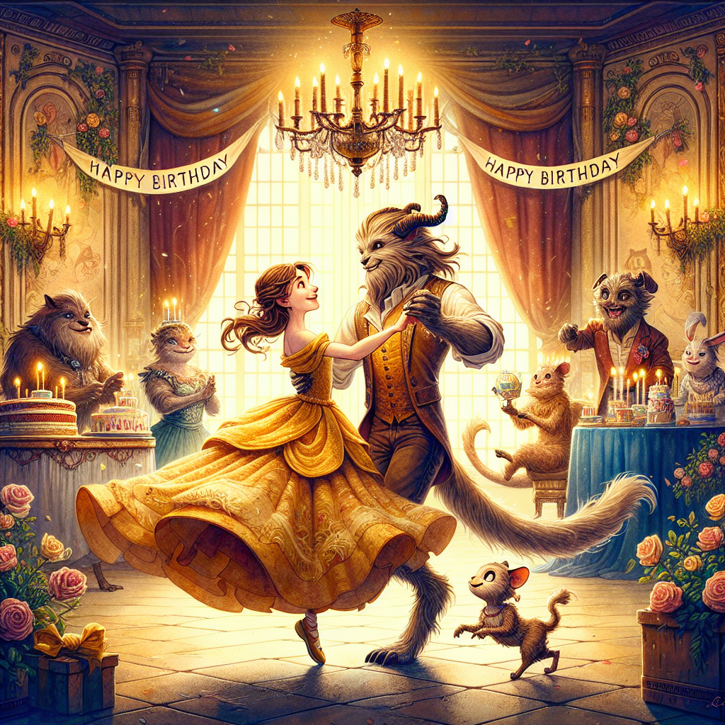 An enchanting illustration of a birthday celebration in the style of a classic fairy tale. The scene takes place in a cozy castle chamber, its grandeur illuminated by an ornate chandelier. A young woman, dressed in a beautiful golden gown, is gracefully spinning in a dance with a friendly, rugged creature. In this jubilant moment, they are surrounded by a variety of interesting creatures, contributing to the festive mood. The room is adorned with roses, and a banner displaying 'Happy Birthday'. A small, adorable anthropomorphic teacup is emerging from a gift box to add to the party's surprise element.
Generated with these themes: Beauty and the beast .
Made with ❤️ by AI.