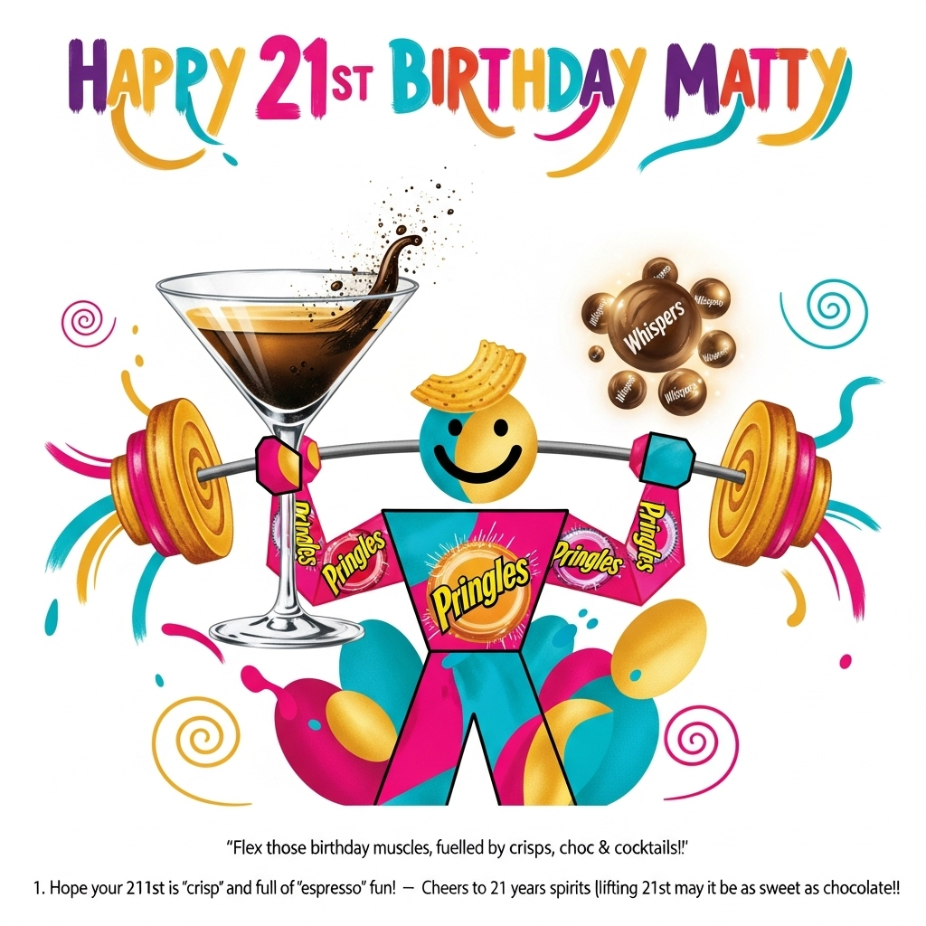 Here’s the crafted **Image Prompt** for your greetings card front cover:  

---

**Prompt:**  
At the top of the Abstract Style image, the text **"Happy 21st birthday Matty"** in playful bold abstract lettering, flowing like colorful confetti strokes.  

In the center, a cute abstract composition:  
- A strong geometric figure shaped like a cheerful weightlifter, flexing barbell arms made of swirling **Pringles tubes** and curved crisp shapes.  
- In one hand, an oversized **espresso martini glass**, its liquid drawn with shimmering, inky brown swirls and bubbly golden sparks.  
- In the other hand, a floating orb-like cluster of **Whispers chocolates**, glowing like tiny planets with soft highlights.  
- Around the figure, bright color splashes of teal, hot pink, gold, and deep espresso brown, layered with dynamic brush strokes and rounded shapes for a bold abstract look.  
- Spirals and confetti-like curves surround the scene, creating a celebratory, playful energy.  

At the bottom, in smaller text, a cheeky caption:  
**“Flex those birthday muscles, fuelled by crisps, choc & cocktails!”**  

---  

Would you like me to also come up with **3 alternative short captions** (funny/punny) that could be swapped in depending on the vibe?
Generated with these themes: Bodybuilding , Expreso Martini , Whispers chocolate , Pringles , and .
Made with ❤️ by AI.