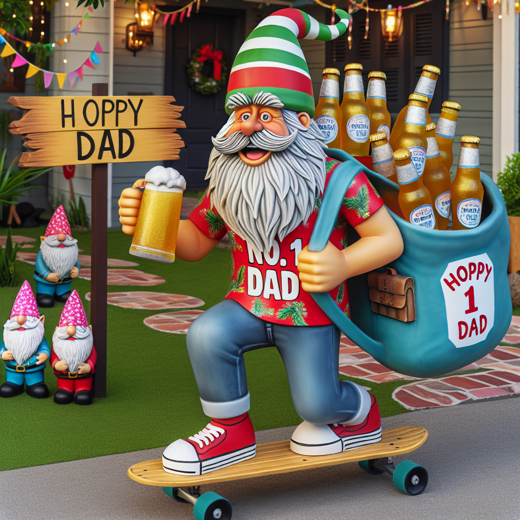A cheerful character resembling a Father Christmas figure in casual attire rides a skateboard. He is wearing a colorful shirt that has 'No. 1 Dad' written across it. Over his shoulder, he carries a bag filled with cold beer bottles, each labeled 'Hoppy Father's Day'. He is headed towards a house where fun garden gnomes are holding signs that show appreciation for fathers. Decorative streamers hang from the trees and a vibrant mailbox decorated with mustaches is poised for the character's festive delivery.
Generated with these themes: Daddy Claus, who is the Father's Day version of Father Christmas, is delivering beer to a house.
Made with ❤️ by AI.
