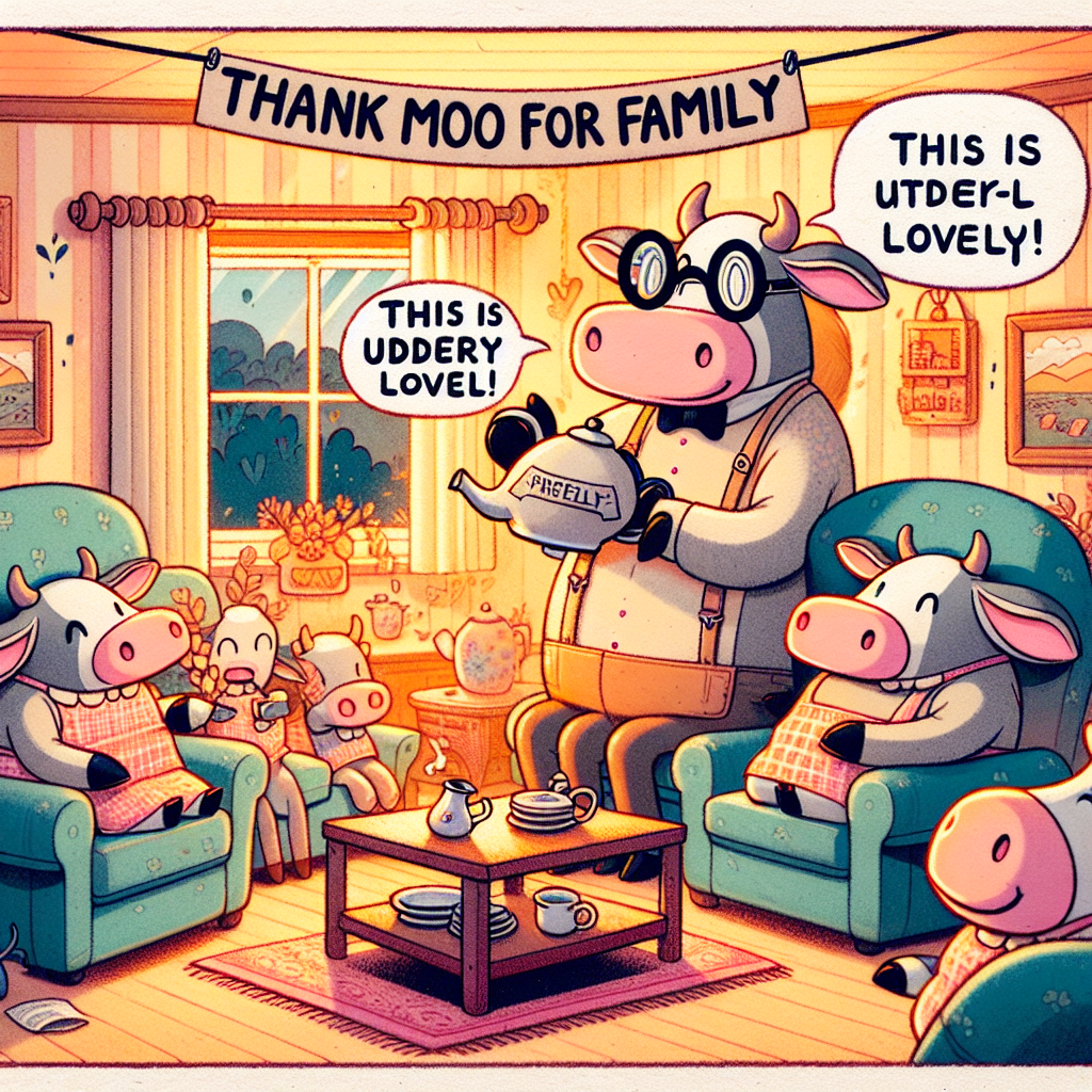 In a cartoon setting filled with soft colors and humor, a family of cows has taken the place of a traditional human family. Within the warm, cozy living room hangs a banner stating 'Thank Moo for Family'. The father cow, donning funny eyeglasses similar to those of a stereotypical professor, serves tea with grace, expertly pouring it from a teapot bearing the word 'Thanks' as a symbol of their gratitude. The room is filled with invisible waves of laughter, and a speech bubble emerging from the mother cow reads, 'This is udder-ly lovely!', a pun cleverly indicative of her thankfulness for the shared family moment.
Generated with these themes: Cows, Family, and Tea.
Made with ❤️ by AI.