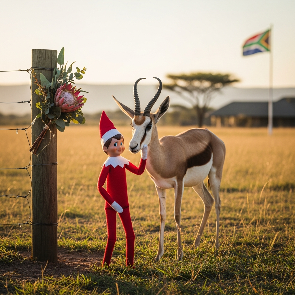 Ultra‑realistic 4K UHD photograph, portrait orientation (4:5), full‑frame DSLR look, 50mm lens, f/4, ISO 200, 1/500s. Golden-hour sunlight in a South African veld: warm, honeyed backlight with soft rim light; gentle fill from the front for natural skin tones; rich but true-to-life colors, crisp micro-contrast, shallow depth of field with creamy bokeh.

Scene: A vintage-looking “Elf on the Shelf” man (life-sized adult male, 1950s vibe, rosy cheeks, playful smile) in a classic red felt suit with white collar and pointed hat, slightly worn for authentic vintage texture. Fine felt fibers visible, tiny jingle bell at the collar, scuffed brown boots. He stands next to a graceful South African springbok (sleek tan-and-white coat, distinctive dark flank stripe, elegant curved horns), calm and curious, head slightly tilted toward the elf. The elf’s hands relaxed at his sides, friendly posture—close but not touching.

Setting details: Open veld with tall sunlit grasses and a few small acacia silhouettes; warm dust motes in the air; summer atmosphere (no snow). A rustic wooden fence post nearby wrapped with a short strand of warm micro fairy-lights and a simple protea-and-eucalyptus wreath for a subtle festive touch—tasteful, not overdone. In the background, the South African flag on a flagpole near a distant lodge, gently waving—clearly visible and recognizable but unobtrusive, placed upper right, softly blurred yet legible. Hazy hills on the horizon for depth.

Composition: Rule of thirds with the elf and springbok center-left; flag in the upper-right background. Plenty of negative space in the lower-left foreground for a small caption. Accurate lighting, lifelike textures (skin pores, felt nap, springbok fur, grass blades), rich depth of field.

Mood: Cute, warm, heartwarming, candid and true-to-life.

On-image text (small and tasteful): “Bok the halls—lekker Christmas!” in a clean hand-lettered brush script, pure white with a soft warm drop shadow for legibility, placed lower-left over gentle bokeh; one short line only.

Post: Natural color grading with subtle filmic contrast; no over-saturation; no halos; no HDR look; no vignette; no logos or watermarks; no cartoon/CGI feel.
Generated with these themes: A vintage looking elf on the shelf man standing next to a south african springbok in South africa, with the south african flag visible in the background., and .
Made with ❤️ by AI.