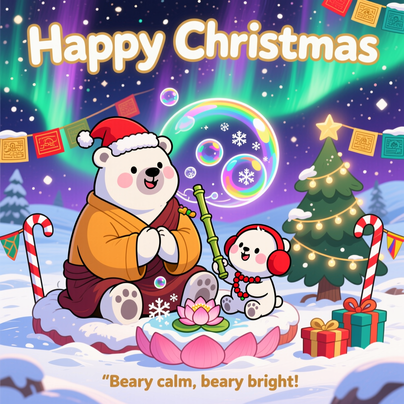 Polar bear with baby bubbles buddhism , and Christmas Card