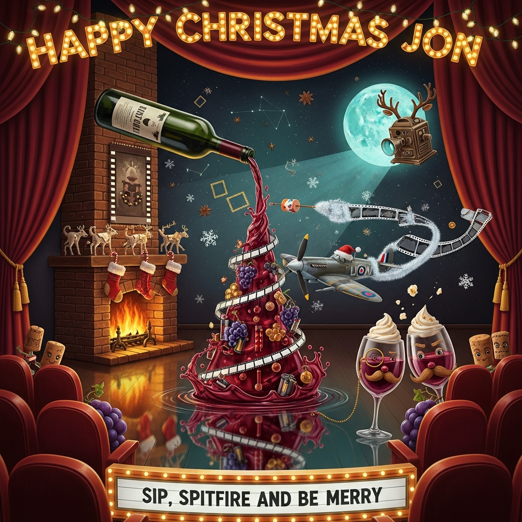 Red wine,fireplace,spitfire, cinema, and Christmas Card