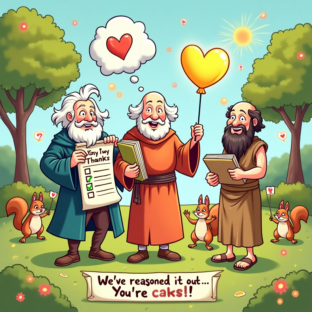 Here’s the prompt for your funny cartoon-style thank-you card image:  

---

**Prompt:**  
In a bright, whimsical cartoon world, three famous philosophers — Immanuel Kant, St. Thomas Aquinas, and Plato — are drawn with exaggerated proportions and thick outlines, bursting with personality.  
- **Immanuel Kant** is short and round, with wild white hair, wearing a frilly 18th-century coat, dramatically pointing to a huge checklist titled “Categorical Imperatives” with a big green tick next to “Say Thanks!”  
- **St. Thomas Aquinas** is tall and broad, with rosy cheeks and a monk’s robe, holding an enormous glowing book labeled “Summa of Gratitude” that’s so heavy it’s making him wobble.  
- **Plato** is thin and lanky, in a flowing toga, proudly holding up a cartoon “Form of Thankfulness” — a glowing golden balloon shaped like a perfect heart.  

They stand together in a sunny park filled with floating speech bubbles shaped like hearts, lightbulbs, and question marks. A few cheeky squirrels in togas run around in the background holding tiny scrolls.  
Bright, saturated colors make the whole scene pop, with goofy grins on all the philosophers.  

**In bold, playful hand-drawn lettering at the bottom:**  
*"We’ve reasoned it out… You’re the best!"*  

---  

Do you want me to also give you **three alternate funny text lines** you could swap in for extra variety?
Generated with these themes: Immanuel Kant, St Thomas Aquinas, Plato, and .
Made with ❤️ by AI.