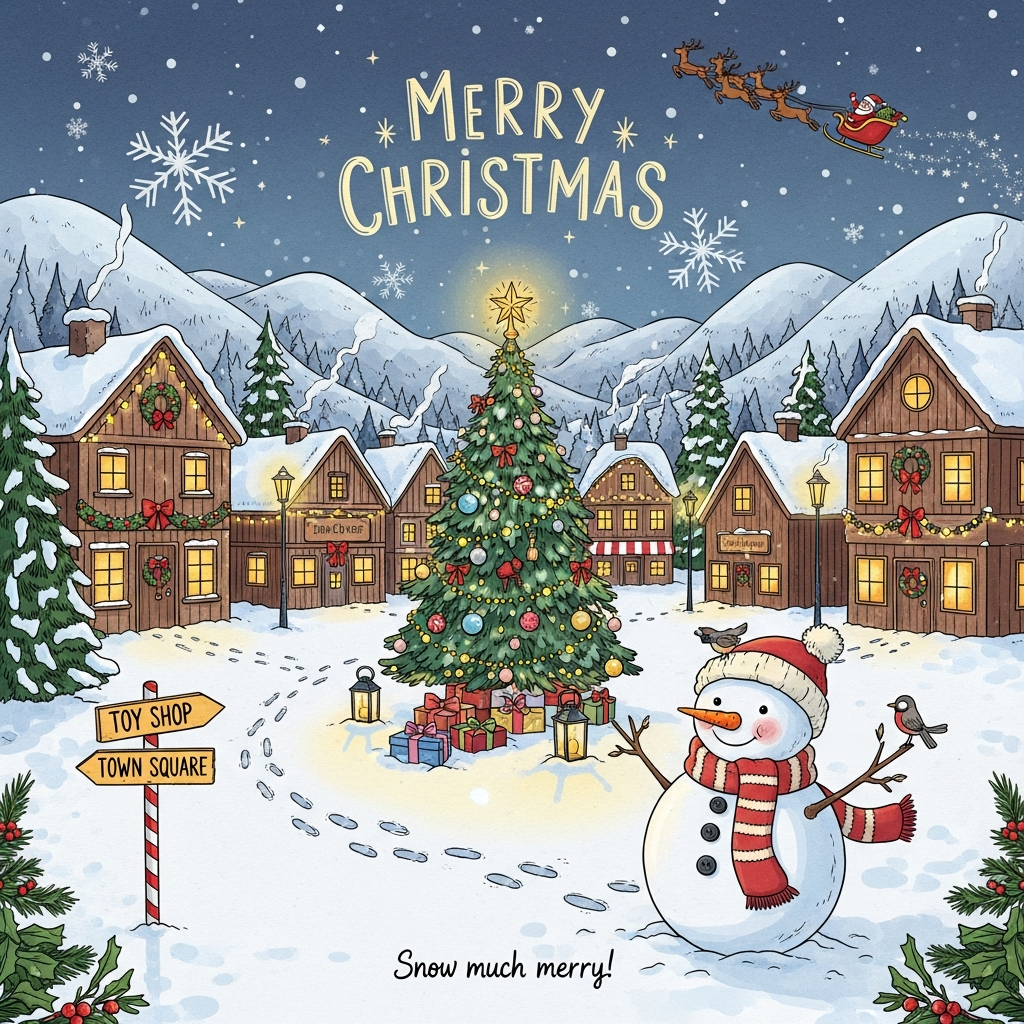 At the top of the Illustration Style image, “Merry Christmas” in playful hand-lettered script with a soft frosted-gold glow and tiny star sparkles.

Large, full-bleed, hand-drawn illustration with fine linework, textured brush strokes, and a cute, cozy mood. Balanced composition and a warm, expressive palette: evergreen and holly reds with candlelit golds against twilight blues and snowy whites; subtle paper-grain texture.

Scene: A snow-dusted small town nestled in a valley, wooden chalets and little shops trimmed with wreaths and string lights, warm window glow pooling onto the snow. In the square, a tall, twinkling Christmas tree is the centerpiece—shimmering ornaments, tinsel, and a bright star topper; a few gift boxes and softly glowing lanterns at its base.

Foreground: A cheerful snowman with rosy cheeks, carrot nose, button eyes, and twig arms, wrapped in a striped knit scarf; a tiny bird perches on his hat. Curving footprints in powdery snow lead toward the tree. Candy-cane–striped signpost pointing to “Toy Shop” and “Town Square.”

Background: Gentle, round mountains layered in soft snow, a dusky indigo sky with big, fluffy snowflakes drifting down. Santa in his sleigh—rosy-cheeked and waving—glides in an elegant arc across the sky with reindeer, trailing glittery stardust.

Lighting and atmosphere: Warm golden window light reflecting on crisp snow, soft rim light outlining the snowman and tree, delicate glow on the lettering at the top, mild vignette to keep focus on the square.

At the bottom of the image, a small, cheeky hand-lettered caption pressed into the snow: “Snow much merry!”

No logos, no watermark.
Generated with these themes: Christmas tree, snowman, Santa, small town, mountains , and .
Made with ❤️ by AI.