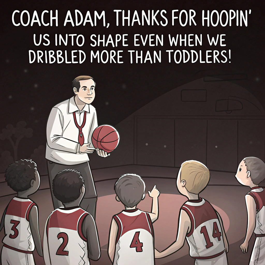 At the top of the image, "Coach Adam, thanks for hoopin’ us into shape — even when we dribbled more than toddlers!"

- Depict a solemn yet heartwarming illustration of a group of U14’s Blazers basketball players in a dimly lit gym, lined up in their jerseys, forming a circle around Coach Adam.  
- They’re all placing one hand in toward the center for a final team huddle, with Coach Adam at the middle, slightly misty-eyed, one whistle hanging from his neck and the faint trace of a proud smile.
- Faint beams of evening light spill through high gym windows, illuminating dust particles mid-air — evoking a quiet reverence.
- The basketball rests at Coach Adam's feet like a sacred symbol, while faint chalk lines and shoe scuff marks give the floor a memory-worn authenticity.  
- Above them, in glowing text is the pun-filled line, as if spoken in quiet gratitude.
Generated with these themes: Basketball , and U14’s Blazers.
Made with ❤️ by AI.