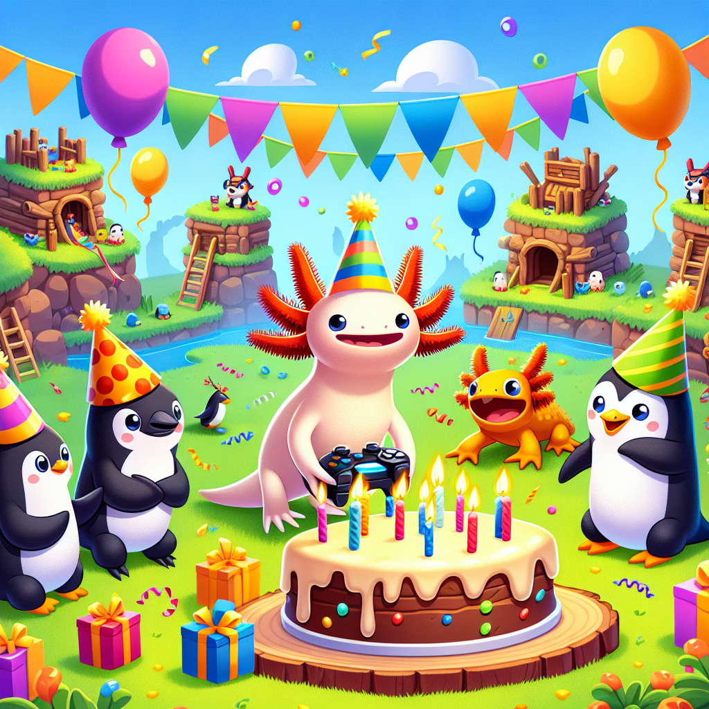 A vibrant and cheerful birthday scene in a playful cartoon style. Center stage, cartoon axolotls wearing bright party hats engage with lively penguins around a gaming console decorated with vibrant balloons and streamers. The backdrop showcases a game-inspired landscape, filled with cartoonized forts and cartoon llamas, encapsulating a passion for gaming in every tiny detail.
Generated with these themes: Axolotls, Gaming, Penguins, and Fortnite .
Made with ❤️ by AI.