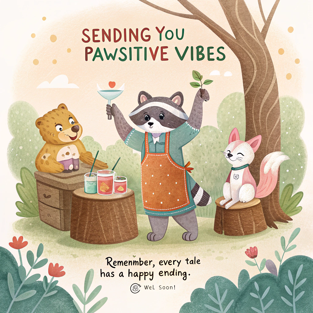 At the top of the image, "Sending You Pawsitive Vibes":

In the center, create a whimsical watercolor scene of a raccoon bartender with a tiny apron, shaking a cocktail shaker, surrounded by a jovial group of animal friends—a bear, a fox, and a rabbit—all sitting at a bar made of a tree trunk.

At the bottom of the image, "Remember, every 'tail' has a happy ending—get well soon!"
Generated with these themes: Bartending, cute animals, friends, and .
Made with ❤️ by AI.