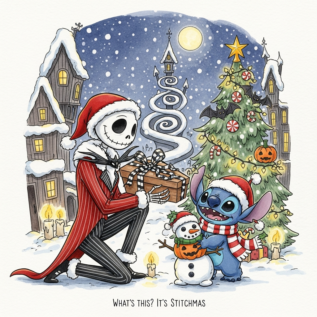 Hand-drawn illustration, cute Christmas mood, portrait orientation. In a snow-dusted whimsical gothic town at twilight, a tall, friendly skeleton in a pinstripe suit and red Santa coat (Jack Skellington vibe) kneels to offer a coffin-shaped gift wrapped in black-and-white ribbon to a tiny blue alien with big ears in a Santa hat and striped scarf (Stitch), who beams while hugging a mini pumpkin snowman. Behind them, a twisty spiral hill and a crooked Christmas tree sparkle with bat-shaped fairy lights, peppermint candy canes, and pumpkin ornaments; soft snowfall drifts through warm candle-glow and cool moonlight. Rounded, adorable proportions and gentle expressions; fine ink linework, textured brush strokes, watercolor washes, subtle pencil shading, paper-grain texture, balanced composition with soft vignette and cozy bokeh lights. Warm, expressive palette: cinnamon reds, pine greens, candle-gold highlights, midnight blues, and soot-charcoal accents. Add one small, whimsical hand-lettered caption at the bottom center (single line): What's this? It’s Stitchmas! No other text.
Generated with these themes: Nightmare before Christmas , Stich, and .
Made with ❤️ by AI.