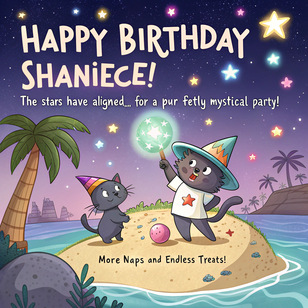 At the top of the image, "Happy Birthday Shaniece!"

At the bottom of the image, "The stars have aligned... for a purr-fectly mystical party!"

- Create a vibrant cartoon scene of an island where playful cats with tiny wizard hats are joyously juggling colorful crystals under a sky filled with sparkling constellations. A crystal ball rests on a sandy beach, with one curious cat peering into it, revealing the comical prediction: "More naps and endless treats!"
Generated with these themes: Astrology, Cats , Island, Crystals , and .
Made with ❤️ by AI.