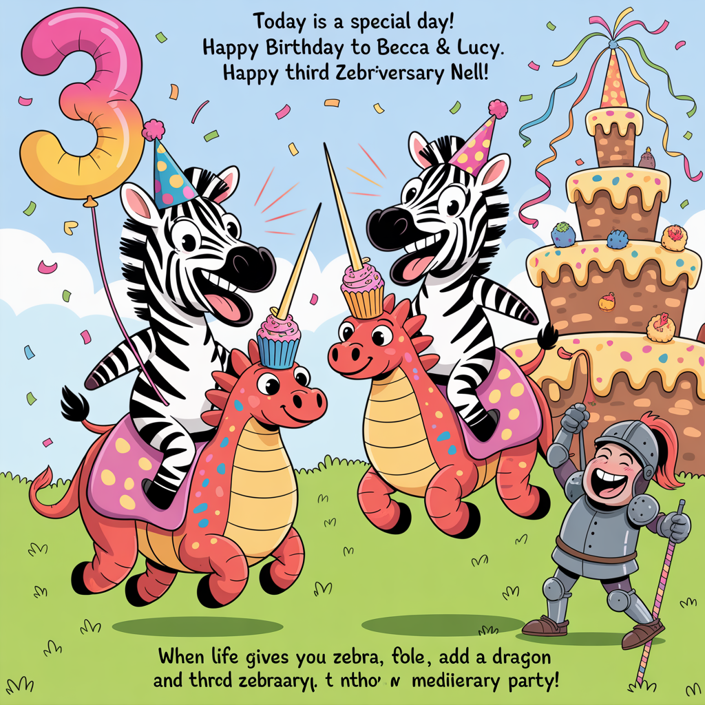 At the top of the image, "Today is a special day! A triple celebration: Happy Birthday to Becca & Lucy. Happy third Zebra'versary Nell!"  

At the bottom of the image, "When life gives you zebras, add a dragon and throw a medieval party!"  

- In the center, a lively cartoon-style fantasy scene: two wide-eyed, giggling zebras wearing sparkly party hats are jousting on the backs of chubby, rainbow-scaled baby dragons. Each zebra clutches a giant birthday cupcake instead of a lance.  
- Off to one side, a bewildered knight in oversized armor is balancing on a pogo stick, holding a giant “3” balloon for the Zebra'versary.  
- In the background, a castle made entirely of cake, with colorful streamers cascading down its towers, while confetti rains from the sky.  
- Bright, bold, saturated colors with thick outlines, big grins, and wildly exaggerated poses give the whole scene an over-the-top, gleeful vibe.  
Generated with these themes: Zebras, Fantasy, Dragons, Knights, and .
Made with ❤️ by AI.