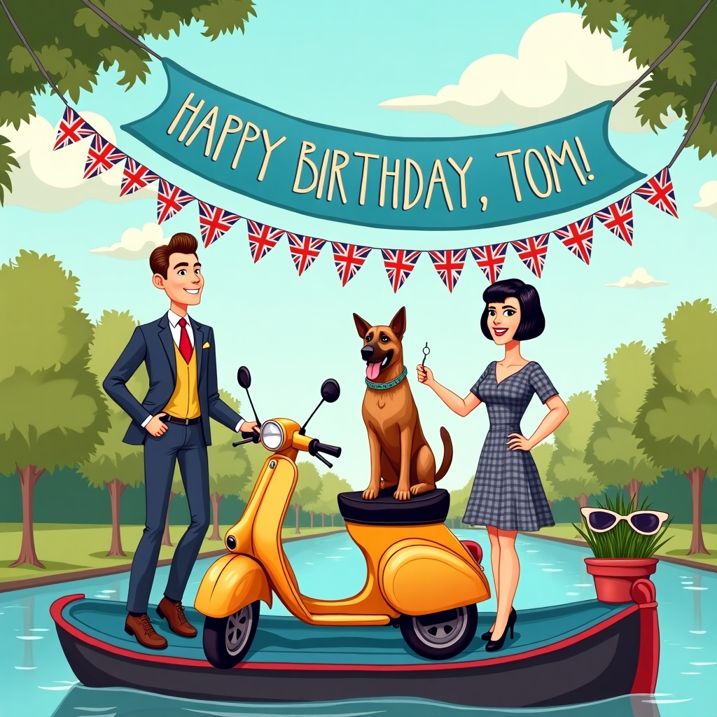 Vintage lambretta scooter, 1960s mod , One Caucasian male , Married to caucasian female 60s mod black bob hairstyle, German shepherd dog, and Lives on a canal boat Birthday Card