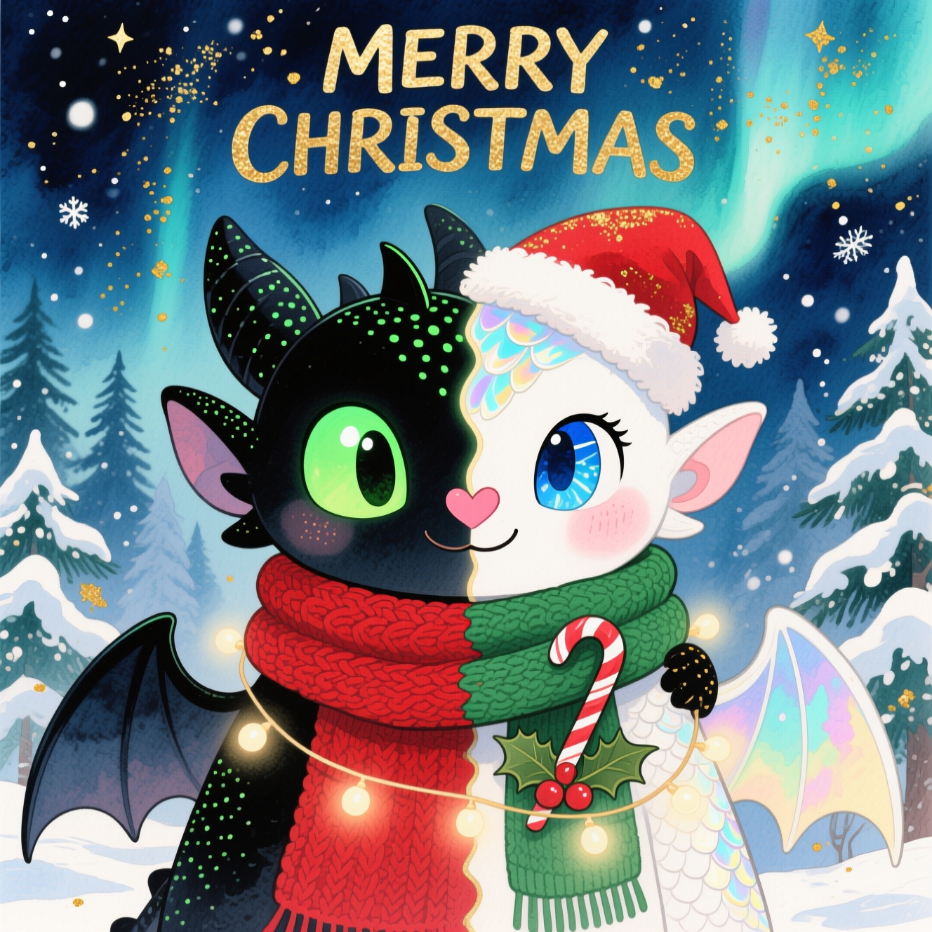 Half Night fury, Half Light fury, Christmas scene, and Christmas Card