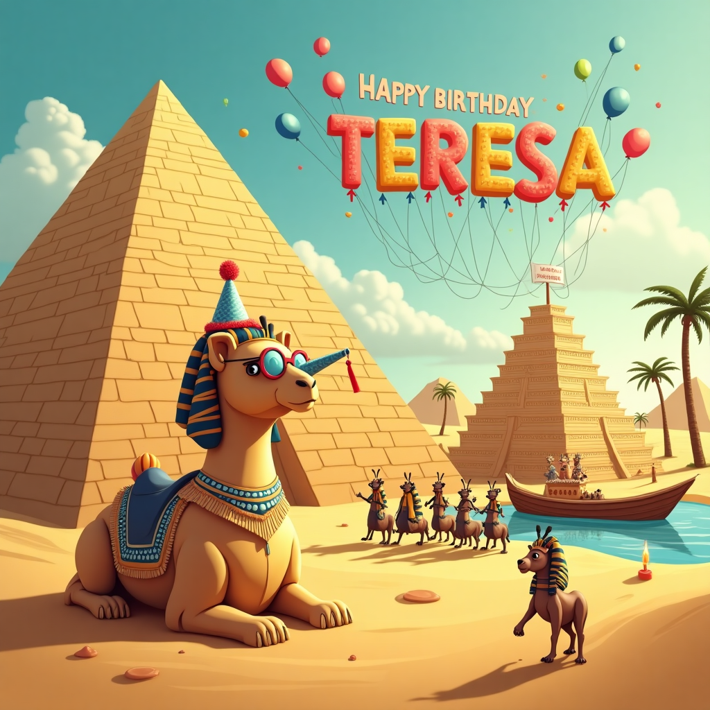 In a whimsical Egyptian-themed birthday scene set against the backdrop of a sun-drenched desert, a colossal pyramid looms prominently to the left, its ancient stones bathed in a golden hue. In the foreground, a playful camel wearing a party hat stands proudly, its saddle adorned with colorful birthday streamers. A mischievous Sphinx sits beside the pyramid, wearing oversized novelty glasses and blowing a party horn, with tiny confetti pieces caught in its sandy fur. Hieroglyphics on the pyramid walls subtly transform into a cheerful "Happy Birthday Teresa" message, with each symbol cleverly crafted to resemble birthday elements like balloons, candles, and cakes. In the sky above, a flotilla of vibrant birthday balloons forms the name "Teresa" as they drift gently, tethered to a miniature pharaoh’s chariot carried by a quartet of jubilant scarabs. To the right, an oasis lined with date palms features a group of jubilant characters in Egyptian garb—anubis in a party vest, and Cleopatra donning a sparkling tiara—dancing around a towering birthday cake that resembles a step pyramid, complete with tiers of icing and a singular, flickering candle on top. In the distant background, the Nile River snakes lazily across the horizon, with a felucca sailboat displaying a banner that reads, "Celebration on the Nile," hinting at an ongoing festive parade. The scene, brimming with imaginative details, captures the essence of a joyous birthday celebration infused with the spirit of ancient Egypt, tailor-made for Teresa.
Generated with these themes: Egypt.
Made with ❤️ by AI.