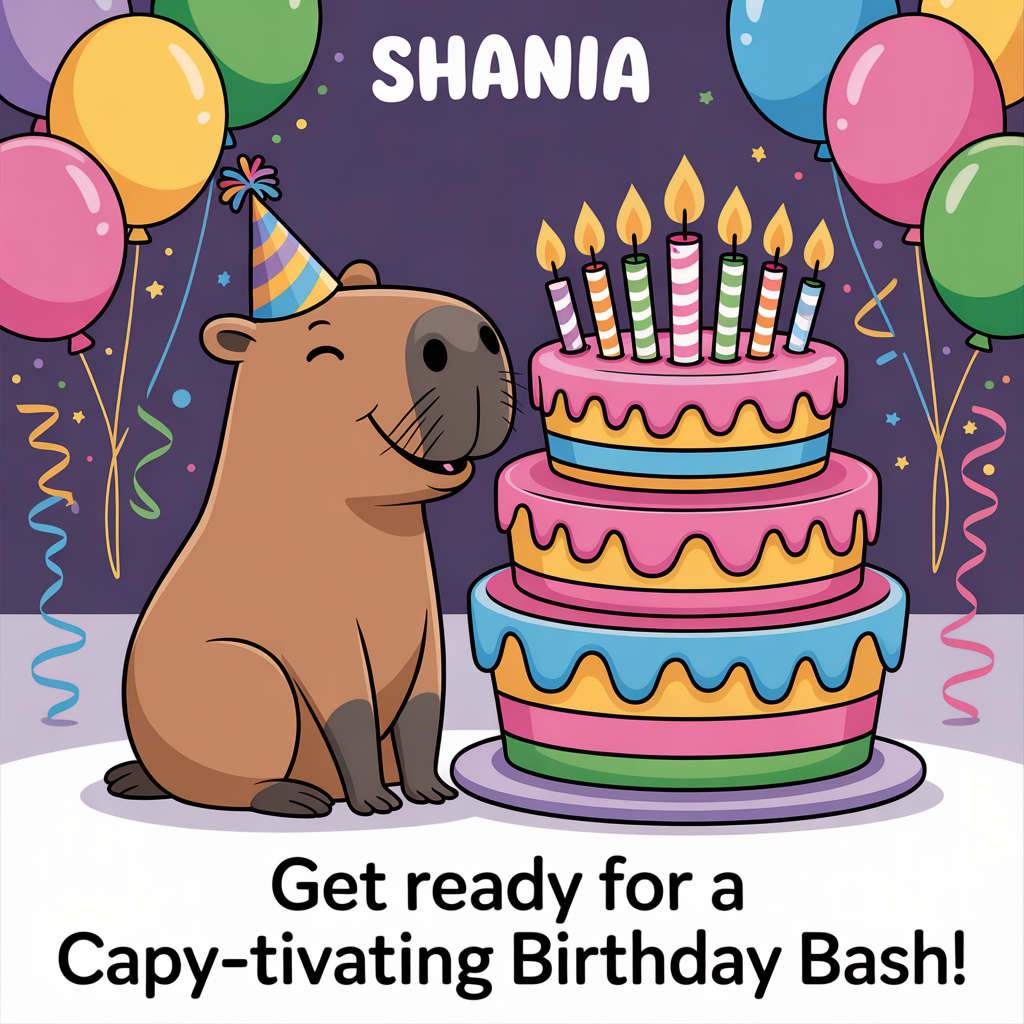 At the top of the image, "Shania":

At the bottom of the image, "Get ready for a capy-tivating birthday bash!" 

- In the center of the image, depict an adorable cartoon capybara joyfully sitting in front of a massive, colorful birthday cake, complete with oversized candles. The capybara has a party hat slightly askew on its head, and it’s eagerly eyeing the cake with an excited grin. The scene is vibrant, with balloons and streamers in the background adding to the festive atmosphere.
Generated with these themes: Capybara, With cake, and .
Made with ❤️ by AI.