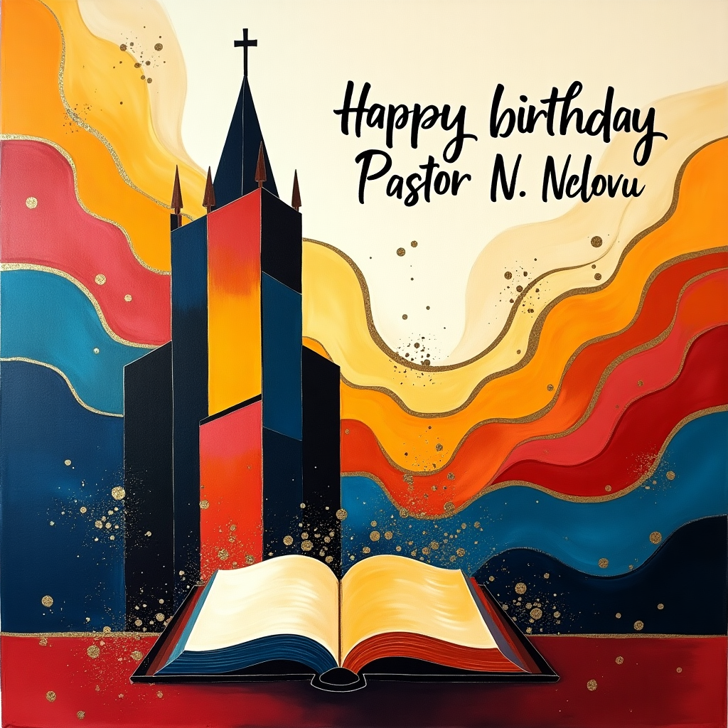 In this abstract birthday greeting card design for "Pastor N. Ndlovu," envision a symphony of shapes and colors that dance harmoniously across the canvas. Begin with a central motif of an open Bible, rendered in bold, intersecting rectangles reminiscent of Mondrian's work, each page splashed with vivid hues to signify the many voices of the scriptures. Above the Bible, the silhouette of a church, abstracted into a series of overlapping and interlocking geometric forms, rises toward the top of the card. Its steeple is a stark, angular line pointing heavenward, capturing a sense of spiritual aspiration. In the background, layers of translucent, Rothko-inspired color fields merge and bleed into one another, suggesting the ethereal sound waves of music floating through the air. These waves spiral outward, much like a de Kooning composition, creating a dynamic backdrop that suggests both the movement of sound and the energy of a passionate sermon being preached. Amidst this vibrant abstraction, find the name "Happy birthday Pastor N. Ndlovu" cleverly integrated into the scene. Imagine it spelled out in swirling, Twombly-like calligraphy that arcs across the sky, woven into the very fabric of the clouds, so that it appears as a divine proclamation of celebration. Splattered Pollock-style accents of gold and silver add a celestial touch, evoking a sense of divine presence and jubilation. The entire composition invites the eye to explore the interwoven themes of faith, music, and celebration, all while spotlighting the birthday of Pastor N. Ndlovu.
Generated with these themes: Church, Bible, Music, and Preaching.
Made with ❤️ by AI.