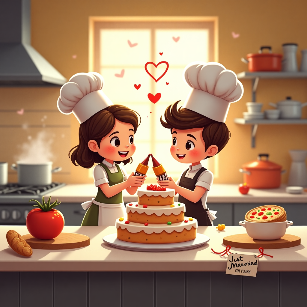 **At the top of the illustration image:**  
**"Abbie & Tom — Stirring Up a Lifetime of Love!"**

**Image prompt:**  
An adorable, cozy commercial kitchen filled with warm, ambient lighting and shiny cooking equipment. At the center, a cute cartoon couple of chefs—one wearing a frilly apron, the other a tall chef's hat—stand in front of a tiered wedding cake that’s half-decorated, lovingly frosting it together with icing bags in hand. Around them, pots bubble joyfully on the stove, a heart-shaped pizza rests on a cooling rack, and mischievous little hearts made of flour dance through the air like confetti. In the background, tiny anthropomorphic ingredients (like a blushing tomato and a giggling baguette) celebrate like wedding guests. A "Just Married" sign hangs off the kitchen prep table like it’s a food truck bumper, with ribbons of pasta twirling in the air. The mood is whimsical, warm, and irresistibly cute—a love story cooked to perfection.
Generated with these themes: Both chefs, In a commercial kitchen , and Getting married.
Made with ❤️ by AI.