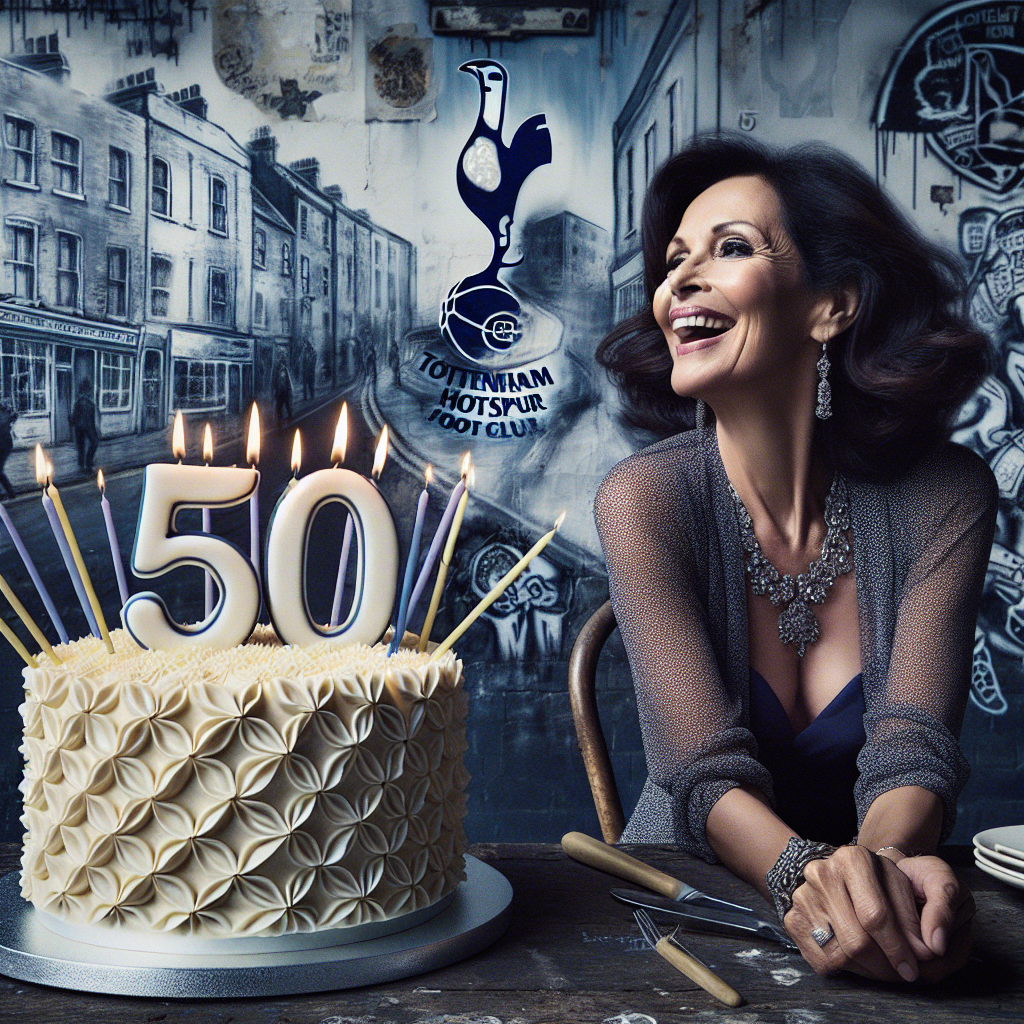 50th Birthday , Female, Dark Hair, Cake , Tottenham Hotspur, and Banksy Birthday Card