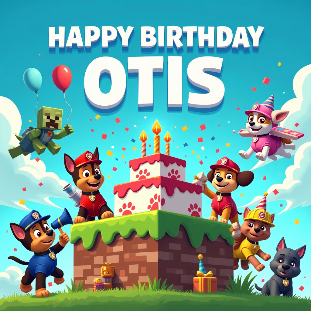 At the top of the Cartoon Style image, "HAPPY BIRTHDAY OTIS!"

A hilarious, high-energy Minecraft-style birthday scene with Paw Patrol-inspired rescue pups drawn in playful cartoon style: big heads, tiny bodies, thick black outlines, and bright, saturated colors. On a floating grassy block island, a giant pixel cake block topped with paw-print candles sits center stage. The blue police pup does a heroic pose with an oversized pixel megaphone; the red firefighter pup teeters while juggling cube presents; the pink aviator pup swoops by on a blocky rotor pack sprinkling confetti; the yellow construction pup chisels a bone-shaped statue from voxels. A friendly creeper in a party hat tiptoes with a gift, an Enderman holds a balloon way up high, and blocky animals wear tiny party hats. The sky is bright cyan with chunky clouds, cube balloons, and floating confetti. Add comedic motion lines, bouncy shadows, glossy highlights, and a slightly low-angle, wide composition so the characters feel big and energetic. Palette: lime greens, sky blues, fire-engine reds, sunshine yellows, bubblegum pinks, crisp whites. Top text in chunky pixel letters with paw prints, white with bright blue stroke and a soft drop shadow.

At the bottom, add a small, cheeky caption in pixel-paw lettering: "Let’s get this paw-xel party started!"
Generated with these themes: Minecraft paw patrol, and .
Made with ❤️ by AI.